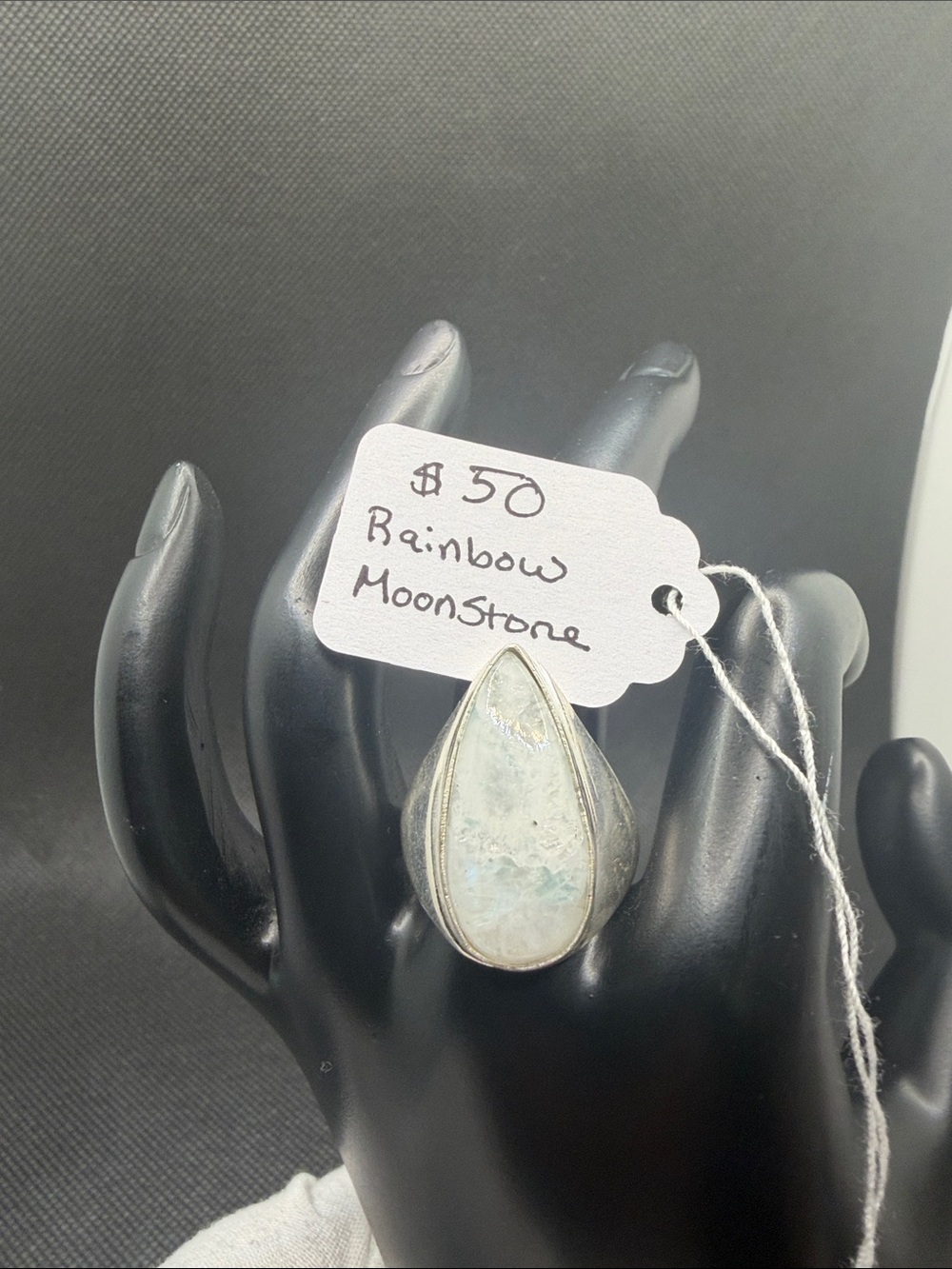 Rainbow Teardrop Moonstone 925 Silver White/Blue Sz 9